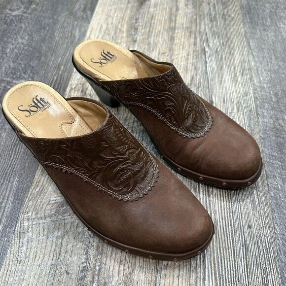 Sofft 1009320 Women Brown Leather Studded Floral Slip On‎ Mule Shoe Size 7.5M - Picture 1 of 16